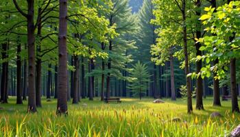 Forest filled with green trees and wild grass, peaceful nature landscape photo