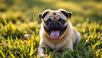 Portrait of a cute pug sitting on meadow grass, tongue out and bathed in soft golden sunlight, charming pet photography. photo