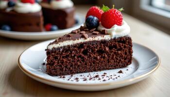 Rich slice of homemade chocolate cake adorned with whipped cream and fresh berries photo
