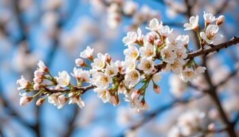 cherry blossom branches covered in delicate white flowers against softly blurred blue background, spring renewal and hope theme photo