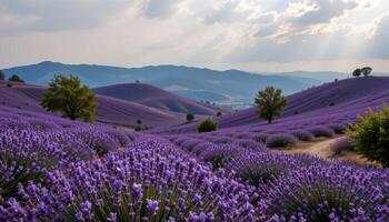 rolling hills covered in lavender under soft clouds photo