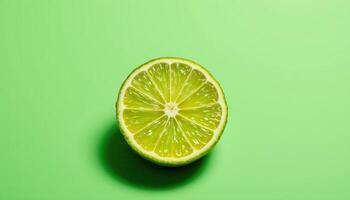 Bright lime slice on vivid green background, refreshing summer concept with citrus theme photo