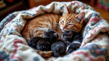 a mother cat nursing kittens in a cozy blanket nest. photo