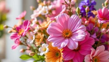 Spring bouquet in full bloom, bursting with colorful fresh flowers in natural light photo