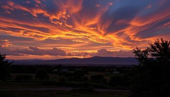 Dramatic sunset sky filled with vibrant colors, casting a tranquil scene over nature's landscape, representing peace, transition photo