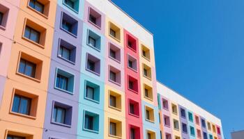 Colorful modern building with repeating square windows, bold pastel architecture and clear blue sky, minimal composition photo. photo