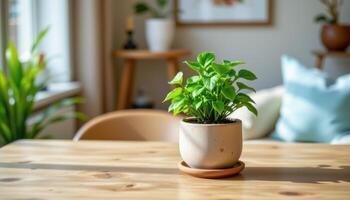 Cute potted plant on table, indoor nature element adding freshness to decor photo
