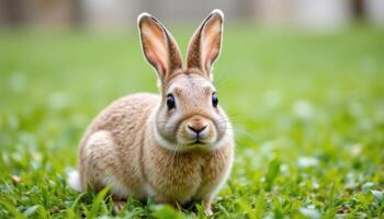 Cute small rabbit sitting on green grass, looking at camera. photo