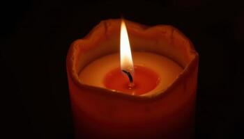 Aromatherapy candle burning in dark room, vibrant glow, relaxing mood, high detail flame and wax, wellness concept photo