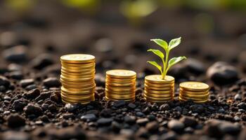 Gold coins stacked in soil, growing investment, financial market metaphor photo