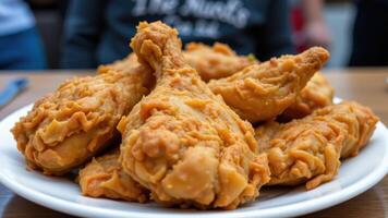 a plate of golden fried chicken with crispy texture. photo