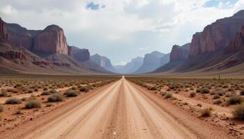 Dirt Road in Desert Surrounded by Mountains photo. photo