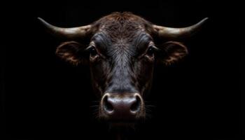 Close up portrait of bull looking at camera, dramatic lighting on black background, intense animal expression photo