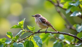 Small garden bird perched gracefully on a branch surrounded by green leaves, captured with soft background blur in natural light photo