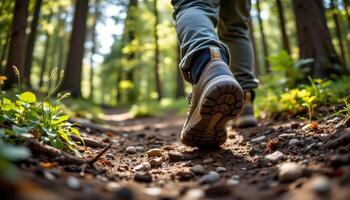 Close up of hiker's boots stepping across forest trails, capturing adventure, resilience, and a deep connection with nature. photo