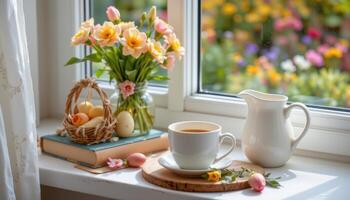 cozy easter spring still life setup, coffee cup, books, wooden board, milk pitcher, and fresh flowers on windowsill photo