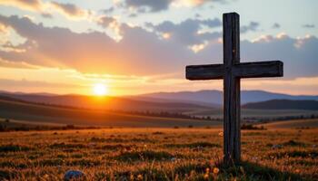 ultra realistic photo of a wooden cross standing alone in an open field during sunset, warm tones, spiritual symbolism