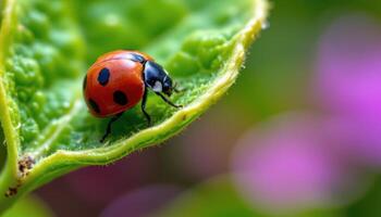 macro close up of ladybug crawling on vibrant green leaf, delicate natural detail, vivid bright outdoor nature background, photo. photo