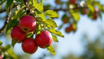 Juicy red apples on tree branch captured close up with sunlight and natural texture, morning orchard freshness styled photography photo
