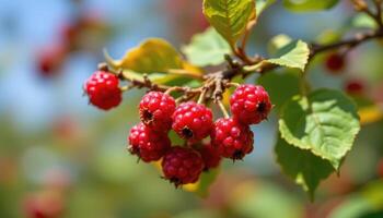 Ripe berry fruit on branch, showcasing natural dessert and healthy wild snack photo