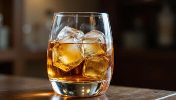whiskey alcohol drink with ice in a glass photo. photo
