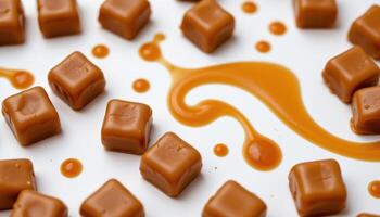 Caramel candies and sauce on clean white background, close up detail of sweetness and texture photo