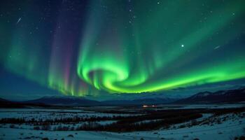 Green aurora borealis glowing in night sky, natural light phenomenon over landscape photo