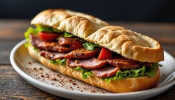 Hearty grilled meat sandwich served on fresh ciabatta bread, capturing the essence of a delicious, satisfying lunch option. photo