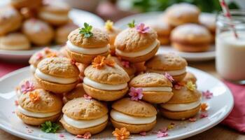 A plate of Eid sweets with floral garnishes. photo. photo