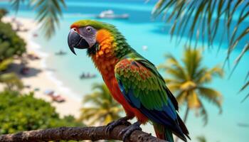 vibrant macaw standing on branch overlooking serene tropical beach, crystal blue ocean backdrop, relaxing exotic vacation setting photo