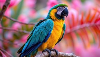striking macaw displaying blue and yellow feathers perched on branch, pastel tropical colors in blurred background photo