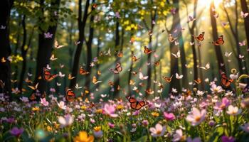 flock of butterflies flying through a sunlit forest, magical dreamy atmosphere, soft light beams through trees photo
