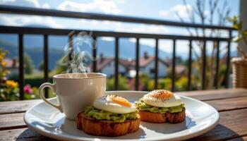 Sunny balcony breakfast with poached eggs on avocado toast, accompanied by a steaming cup of tea, symbolizing cozy outdoor living. photo