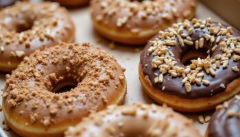 Ring doughnuts covered in icing and sprinkes and chocolate. photo. photo