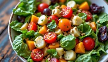Fresh organic vegetables tossed into a healthy summer salad, showcasing vibrant colors, nutrition, and farm to table freshness. photo