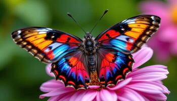 Multicolored butterfly resting on a flower, vibrant nature's gift captured in detail photo