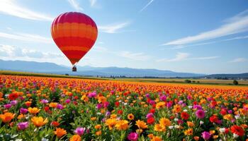Hot air balloon above colorful flower field, bright cheerful palette with wide open sky and joyful freedom, photo inspired scene.