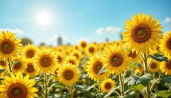 Sunflowers bloom joyfully, soaking in warm sunshine against a backdrop of a clear blue sky photo