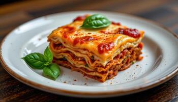 Layered lasagna slice served on ceramic plate with basil garnish, side lighting creating rich texture and warm Italian ambiance photo
