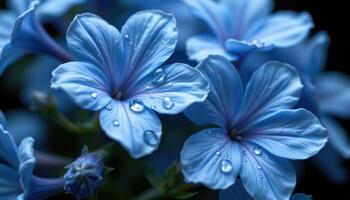 Close up of blue flowers with dew drops, dramatic dark background for emotional and elegant floral macro photography, photo. photo