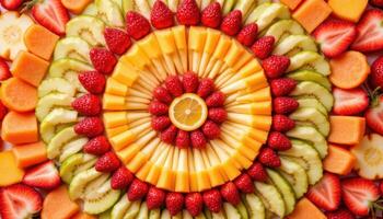 A colorful array of fresh fruit slices arranged in a pattern. photo. photo