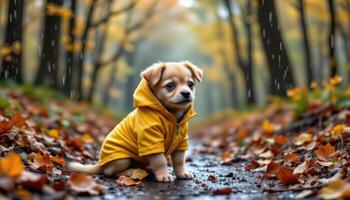 adorable pup in yellow rain jacket, sitting in the rain, forest trail with fall leaves, photorealistic, high detail. photo
