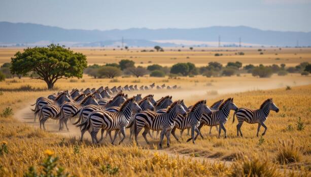 Herd of zebras moving gracefully across the plains in the evening light, forming mesmerizing natural patterns in the landscape. photo