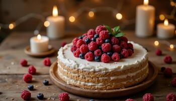 Photo of the cake decorated with berries on the wooden table with candles.