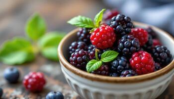Close up portrait of ripe blackberries in a ceramic bowl, rich color food photography photo