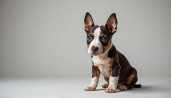 photorealistic tricolor miniature bull terrier puppy sitting in studio with soft lighting. photo