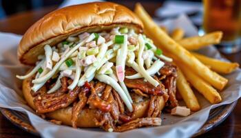 pulled pork sandwich with creamy coleslaw and crispy fries, indulgent american comfort food, rustic pub style setting photo