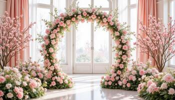 Spring floral installation scene with geometric arch form. 3d rendering. photo. photo