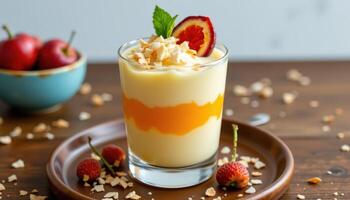 a creamy mango mousse in a glass, layered with passionfruit jelly and topped with coconut flakes. photo