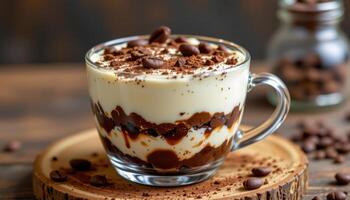 a rich tiramisu in a glass cup, layered with mascarpone and soaked ladyfingers, topped with cocoa and coffee beans. photo
